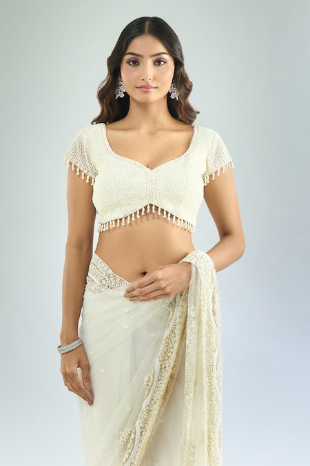 Shop_Azeera_White Cotton Beads, Embroidery, Cut Work Cutdana Saree And Blouse _Online_at_Aza_Fashions