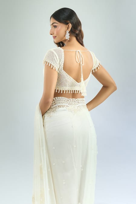 Buy_Azeera_White Cotton Beads, Embroidery, Cut Work Cutdana Saree And Blouse 