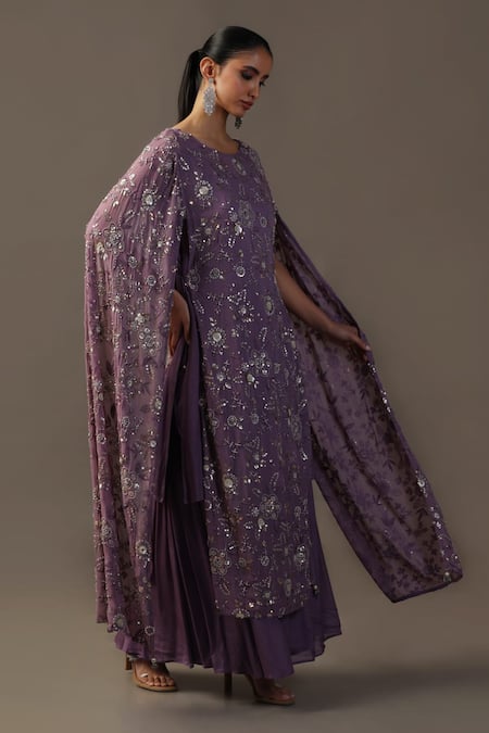 Shop Two Sisters By Gyans Purple Georgette Cut Work, Pearls, Sequins Embroidered Cape Kurta And Sharara Set Online at Aza Fashions Shop_Two Sisters By Gyans_Purple Georgette Cut Work, Pearls, Sequins Embroidered Cape Kurta And Sharara Set _Online_at_Aza_Fashions
