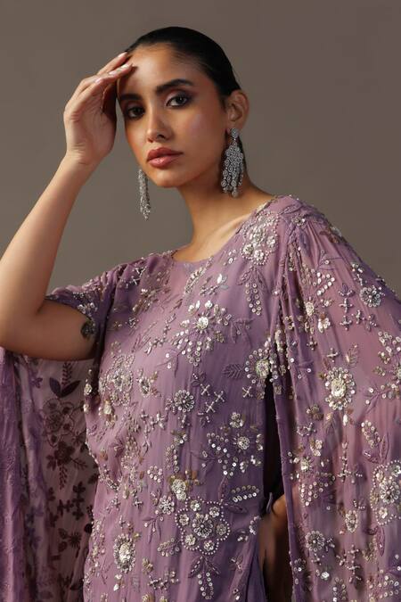 Buy Two Sisters By Gyans Purple Georgette Cut Work, Pearls, Sequins Embroidered Cape Kurta And Sharara Set Buy_Two Sisters By Gyans_Purple Georgette Cut Work, Pearls, Sequins Embroidered Cape Kurta And Sharara Set