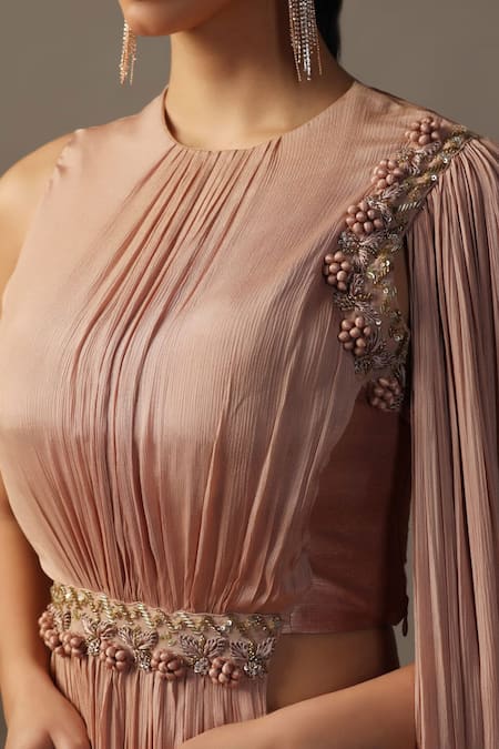 Two Sisters By Gyans Peach Georgette Sequins, Cut Work, Embroidery Draped Top And Pleated Lehenga Set Online at Aza Fashions Two Sisters By Gyans_Peach Georgette Sequins, Cut Work, Embroidery Draped Top And Pleated Lehenga Set _Online_at_Aza_Fashions