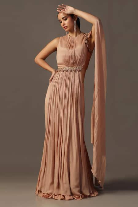 Shop Two Sisters By Gyans Peach Georgette Sequins, Cut Work, Embroidery Draped Top And Pleated Lehenga Set Online at Aza Fashions Shop_Two Sisters By Gyans_Peach Georgette Sequins, Cut Work, Embroidery Draped Top And Pleated Lehenga Set _Online_at_Aza_Fashions