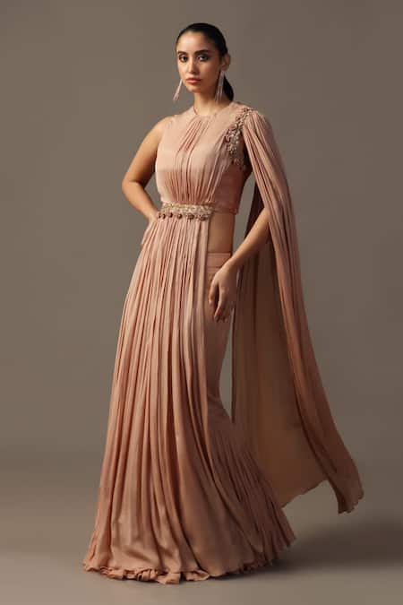 Two Sisters By Gyans Peach Georgette Sequins, Cut Work, Embroidery Draped Top And Pleated Lehenga Set at Aza Fashions Two Sisters By Gyans_Peach Georgette Sequins, Cut Work, Embroidery Draped Top And Pleated Lehenga Set _at_Aza_Fashions