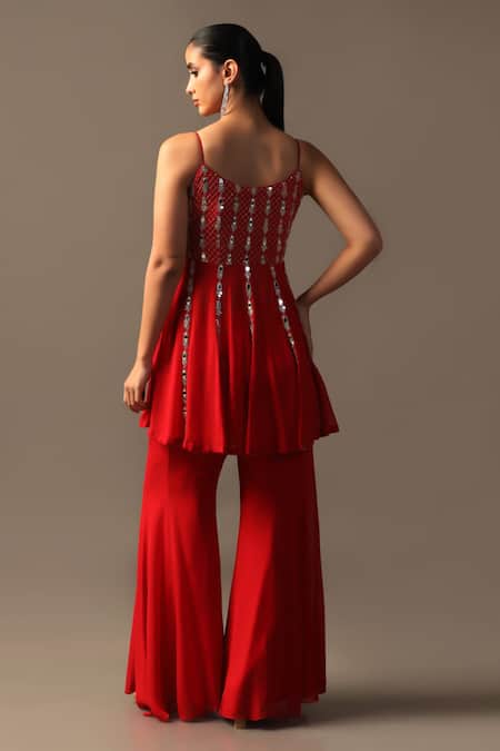 Two Sisters By Gyans Red Georgette Mirrors, Sequins, Embroidery Round Neck Peplum Kurta Gharara Set Online at Aza Fashions Two Sisters By Gyans_Red Georgette Mirrors, Sequins, Embroidery Round Neck Peplum Kurta Gharara Set _Online_at_Aza_Fashions