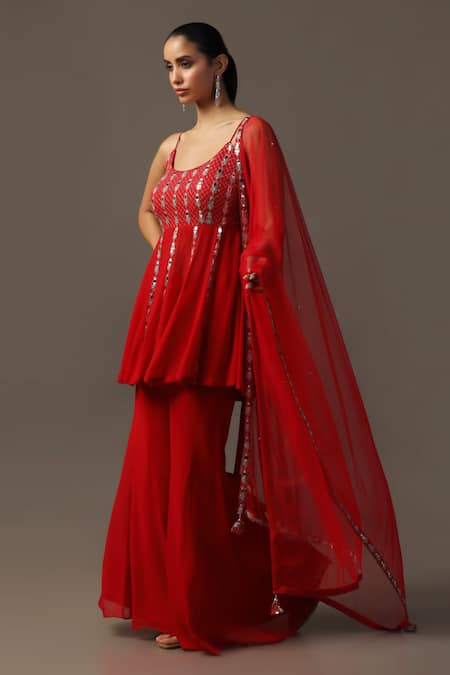 Buy Two Sisters By Gyans Red Georgette Mirrors, Sequins, Embroidery Round Neck Peplum Kurta Gharara Set Online at Aza Fashions Buy_Two Sisters By Gyans_Red Georgette Mirrors, Sequins, Embroidery Round Neck Peplum Kurta Gharara Set _Online_at_Aza_Fashions