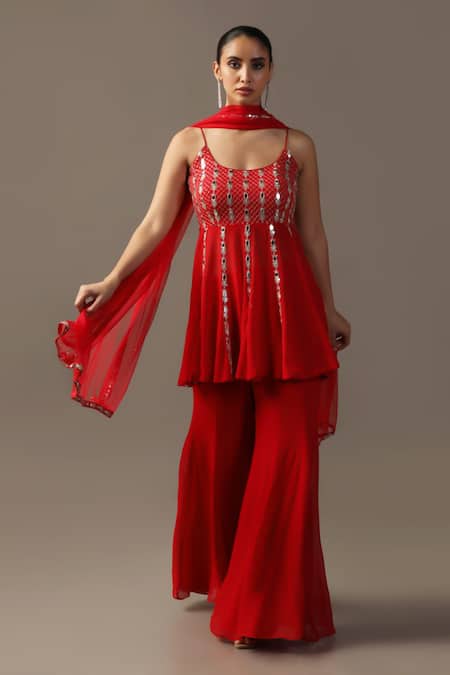 Shop Two Sisters By Gyans Red Georgette Mirrors, Sequins, Embroidery Round Neck Peplum Kurta Gharara Set Online at Aza Fashions Shop_Two Sisters By Gyans_Red Georgette Mirrors, Sequins, Embroidery Round Neck Peplum Kurta Gharara Set _Online_at_Aza_Fashions