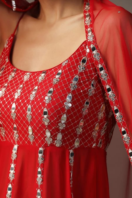 Two Sisters By Gyans Red Georgette Mirrors, Sequins, Embroidery Round Neck Peplum Kurta Gharara Set at Aza Fashions Two Sisters By Gyans_Red Georgette Mirrors, Sequins, Embroidery Round Neck Peplum Kurta Gharara Set _at_Aza_Fashions