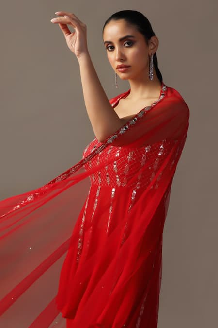 Buy Two Sisters By Gyans Red Georgette Mirrors, Sequins, Embroidery Round Neck Peplum Kurta Gharara Set Buy_Two Sisters By Gyans_Red Georgette Mirrors, Sequins, Embroidery Round Neck Peplum Kurta Gharara Set