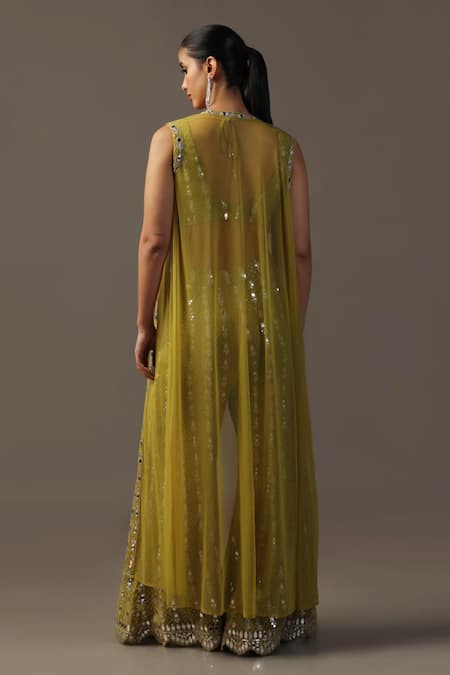 Two Sisters By Gyans Green Embroidered Cape & Flared Pant Set 