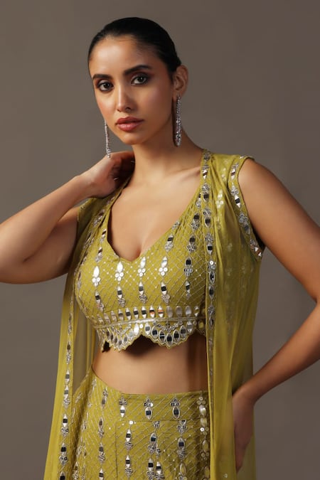 Buy Two Sisters By Gyans Green Georgette Zari, Mirrors, Sequins V-neck Embroidered Cape And Flared Pant Set Buy_Two Sisters By Gyans_Green Georgette Zari, Mirrors, Sequins V-neck Embroidered Cape And Flared Pant Set