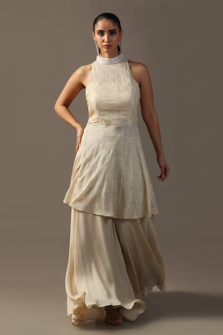 Buy Two Sisters By Gyans Ivory Georgette Sequins, Embroidery Halter Neck Peplum Kurta Set Buy_Two Sisters By Gyans_Ivory Georgette Sequins, Embroidery Halter Neck Peplum Kurta Set
