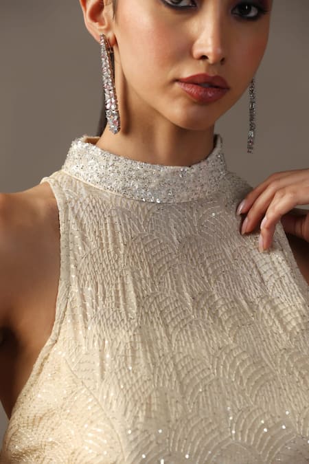 Shop Two Sisters By Gyans Ivory Georgette Sequins, Embroidery Halter Neck Peplum Kurta Set Shop_Two Sisters By Gyans_Ivory Georgette Sequins, Embroidery Halter Neck Peplum Kurta Set
