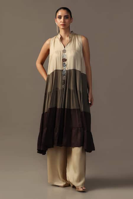 Shop Two Sisters By Gyans Brown Georgette Sequins Mandarin Chocolate Tiered Anarkali And Flared Pant Set Online at Aza Fashions Shop_Two Sisters By Gyans_Brown Georgette Sequins Mandarin Chocolate Tiered Anarkali And Flared Pant Set _Online_at_Aza_Fashions