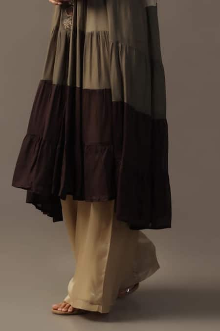 Two Sisters By Gyans Brown Georgette Sequins Mandarin Chocolate Tiered Anarkali And Flared Pant Set at Aza Fashions Two Sisters By Gyans_Brown Georgette Sequins Mandarin Chocolate Tiered Anarkali And Flared Pant Set _at_Aza_Fashions