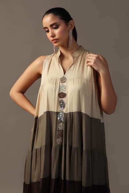 Buy Two Sisters By Gyans Brown Georgette Sequins Mandarin Chocolate Tiered Anarkali And Flared Pant Set Buy_Two Sisters By Gyans_Brown Georgette Sequins Mandarin Chocolate Tiered Anarkali And Flared Pant Set