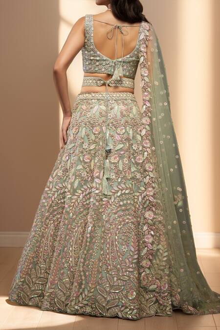 Shop Samyukta Singhania Green Net Sequins, Stones Asymmetric Floral Embroidered Lehenga Set at Aza Fashions Shop_Samyukta Singhania_Green Net Sequins, Stones Asymmetric Floral Embroidered Lehenga Set_at_Aza_Fashions