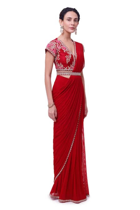 Buy_Onaya_Maroon Lycra Net Embellished Floral Embroidered Blouse And Pre-draped Saree Set_Online_at_Aza_Fashions