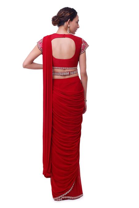 Shop_Onaya_Maroon Lycra Net Embellished Floral Embroidered Blouse And Pre-draped Saree Set_Online_at_Aza_Fashions