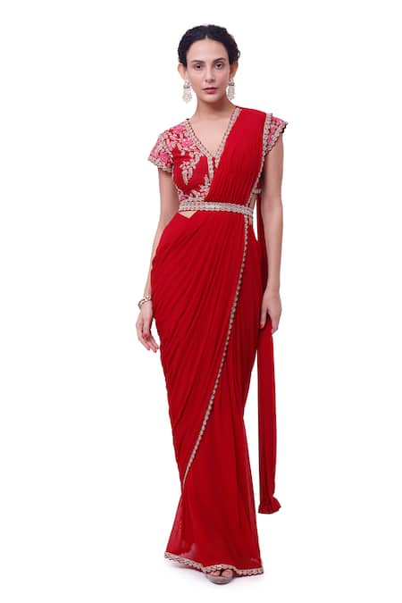Onaya_Maroon Lycra Net Embellished Floral Embroidered Blouse And Pre-draped Saree Set_at_Aza_Fashions