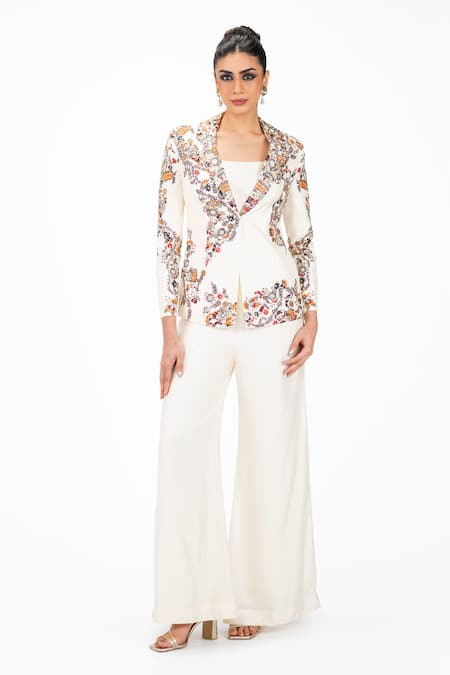 Onaya_Off White Silk Sequins, Beads, Floral Vine Pattern Jacket Flared Pant Set _at_Aza_Fashions