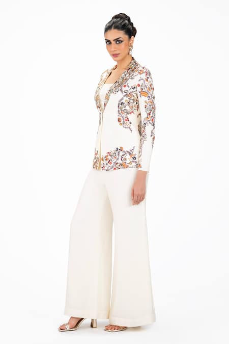 Buy_Onaya_Off White Silk Sequins, Beads, Floral Vine Pattern Jacket Flared Pant Set 