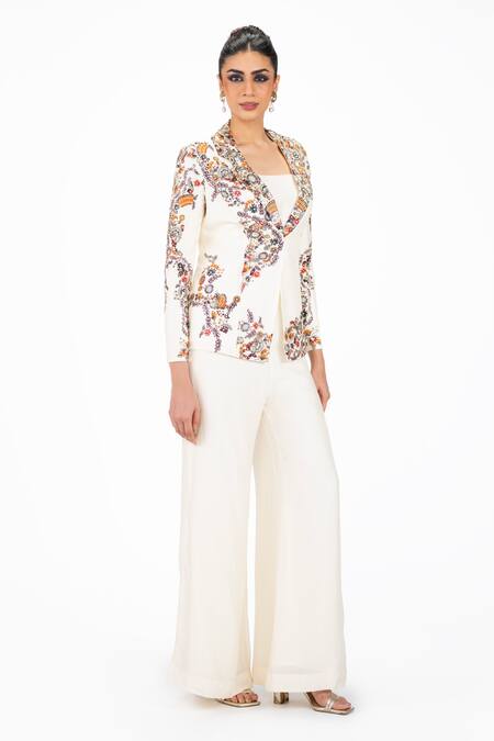 Shop_Onaya_Off White Silk Sequins, Beads, Floral Vine Pattern Jacket Flared Pant Set 