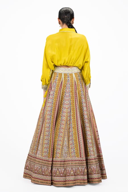 Buy_Onaya_Yellow Silk Sequins, Floral Geometric Pattern Lehenga With Draped Blouse 