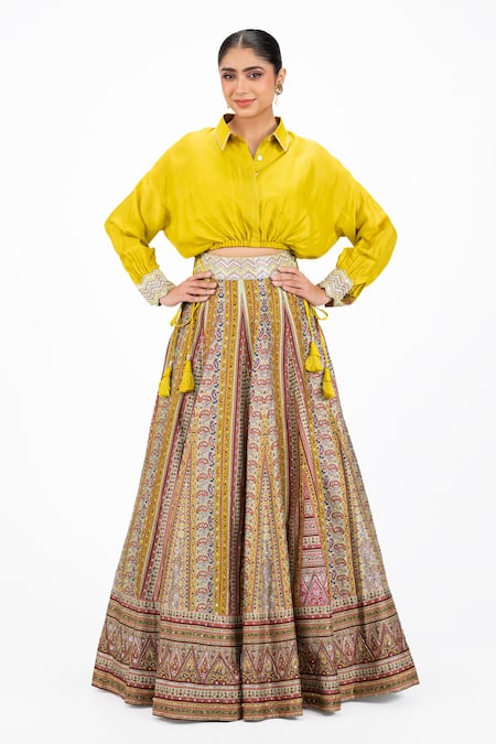 Shop_Onaya_Yellow Silk Sequins, Floral Geometric Pattern Lehenga With Draped Blouse 