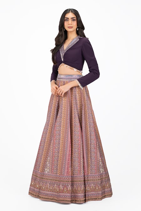 Shop Onaya Purple Silk Sequins, Cut Work Floral Vine Paisley Pattern Lehenga With Blouse Shop_Onaya_Purple Silk Sequins, Cut Work Floral Vine Paisley Pattern Lehenga With Blouse