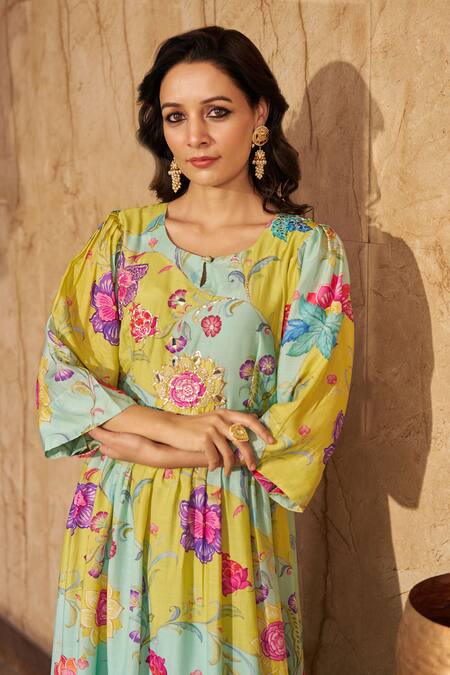 Negra Elegante_Aqua Cotton, Silk Embroidery, Sequins Round Neck Floral Gathered Midi Dress _Online_at_Aza_Fashions