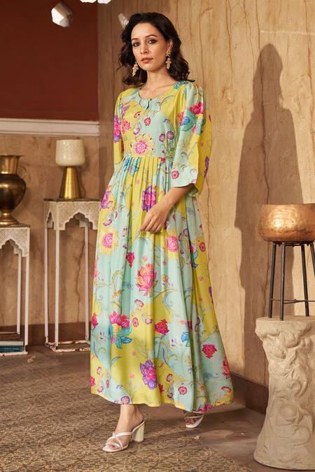 Buy_Negra Elegante_Aqua Cotton, Silk Embroidery, Sequins Round Neck Floral Gathered Midi Dress _Online_at_Aza_Fashions