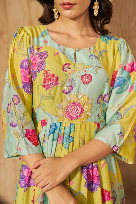 Shop_Negra Elegante_Aqua Cotton, Silk Embroidery, Sequins Round Neck Floral Gathered Midi Dress _Online_at_Aza_Fashions