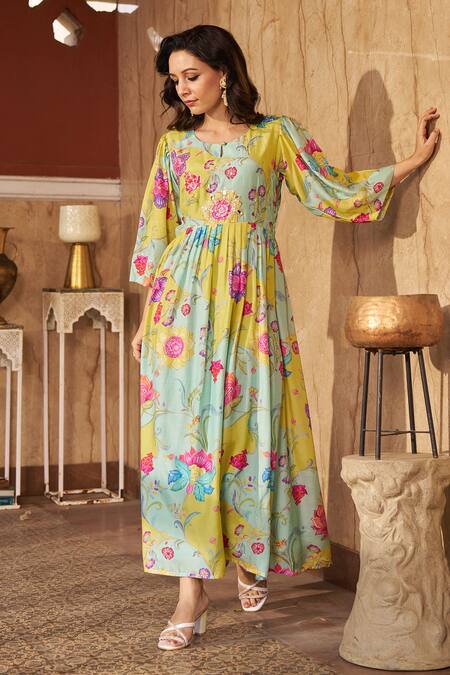 Negra Elegante_Aqua Cotton, Silk Embroidery, Sequins Round Neck Floral Gathered Midi Dress _at_Aza_Fashions