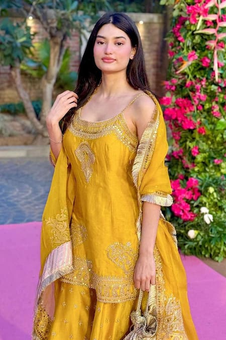 Buy_Sheetal Batra_Yellow Silk Organza, Silk, Chanderi Embroidery, Sequins Aabroo Kurta Set 