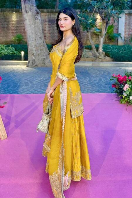 Shop_Sheetal Batra_Yellow Silk Organza, Silk, Chanderi Embroidery, Sequins Aabroo Kurta Set 