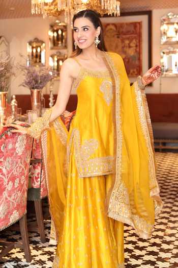 Shop_Sheetal Batra_Yellow Silk Organza, Silk, Chanderi Embroidery, Sequins Aabroo Kurta Set 