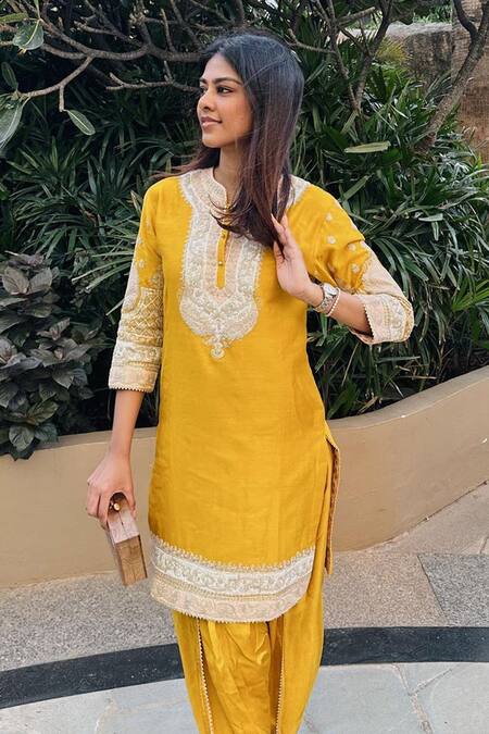 Sheetal Batra Yellow Silk, Chanderi Myreen Kashmiri Tilla Embroidered Kurta And Dhoti Pant Set at Aza Fashions Sheetal Batra_Yellow Silk, Chanderi Myreen Kashmiri Tilla Embroidered Kurta And Dhoti Pant Set _at_Aza_Fashions