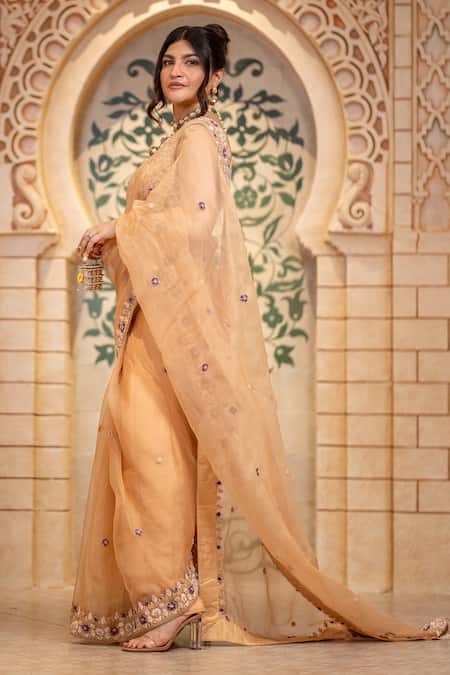 Buy_Sheetal Batra_Gold Organza, Embroidery V-neck Hannah Border Saree With Blouse 