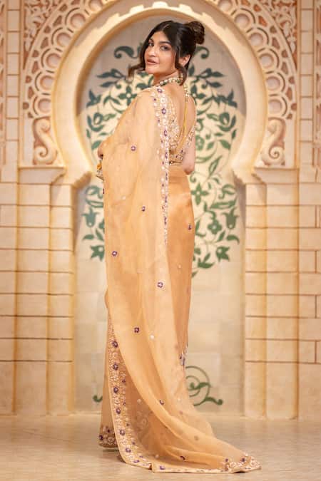 Shop_Sheetal Batra_Gold Organza, Embroidery V-neck Hannah Border Saree With Blouse 