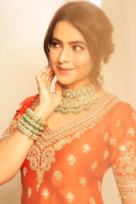 Shop_Sheetal Batra_Orange Silk Diamonds, Embroidery V-neck Kirandori Kurta And Sharara Set 