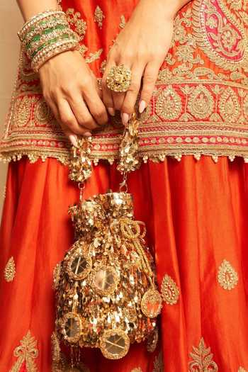 Shop_Sheetal Batra_Orange Silk Diamonds, Embroidery V-neck Kirandori Kurta And Sharara Set 