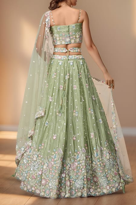 Shop_Samyukta Singhania_Green Polyester, Net Sequins, Stones, Applique, Zari, Floral Bloom Lehenga Set _at_Aza_Fashions