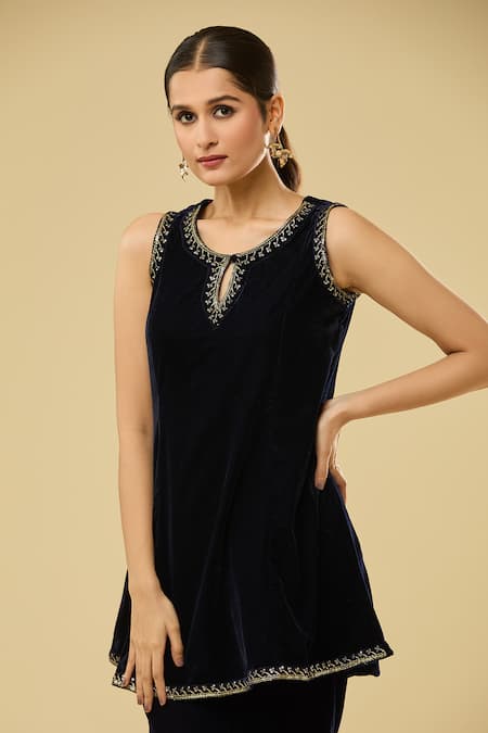 Shop Naintara Bajaj Blue Velvet Sequins Keyhole Neck Embroidered Kurta Set Online at Aza Fashions Shop_Naintara Bajaj_Blue Velvet Sequins Keyhole Neck Embroidered Kurta Set _Online_at_Aza_Fashions