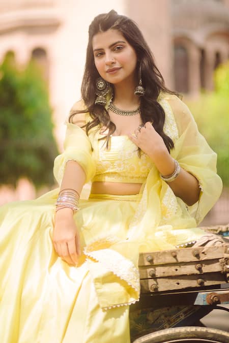 Shop_Sheetal Batra_Yellow Blouse And Lehenga Pure Habutai Dupatta Silk Samrina Embroidered Set