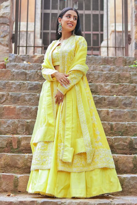 Buy_Sheetal Batra_Yellow Pure Habutai Dupatta Silk Organza Dori Work Jacket Zahria Lehenga Set