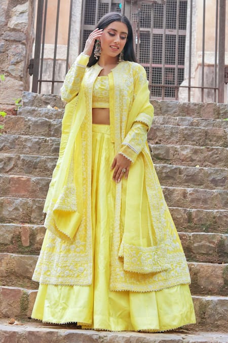 Shop_Sheetal Batra_Yellow Pure Habutai Dupatta Silk Organza Dori Work Jacket Zahria Lehenga Set