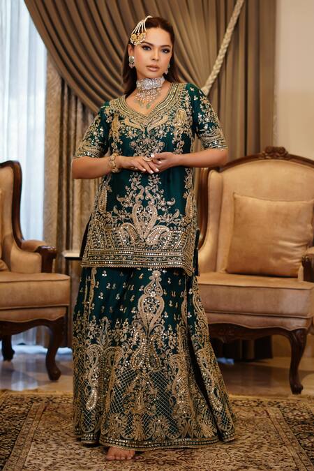 Sheetal Batra Green , Chanderi, Organza Sequins, Aafiya Kurta Flared Pant Set at Aza Fashions Sheetal Batra_Green , Chanderi, Organza Sequins, Aafiya Kurta Flared Pant Set _at_Aza_Fashions