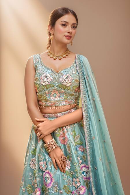 Samyukta Singhania_Green Organza, Net, Satin Beads, Sequins, Stones, Zari Blossom Lehenga Set_Online_at_Aza_Fashions