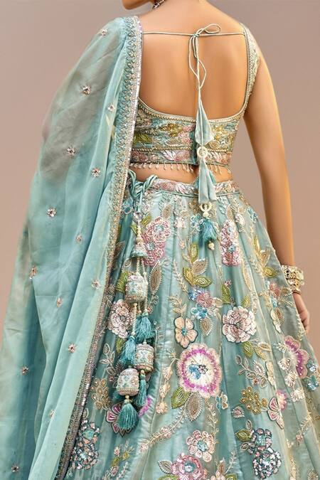 Shop_Samyukta Singhania_Green Organza, Net, Satin Beads, Sequins, Stones, Zari Blossom Lehenga Set_Online_at_Aza_Fashions
