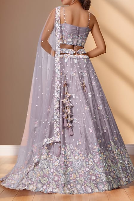 Shop_Samyukta Singhania_Purple Polyester, Net Sequins, Stones, Mauve Floral Bloom Applique Lehenga Set _at_Aza_Fashions